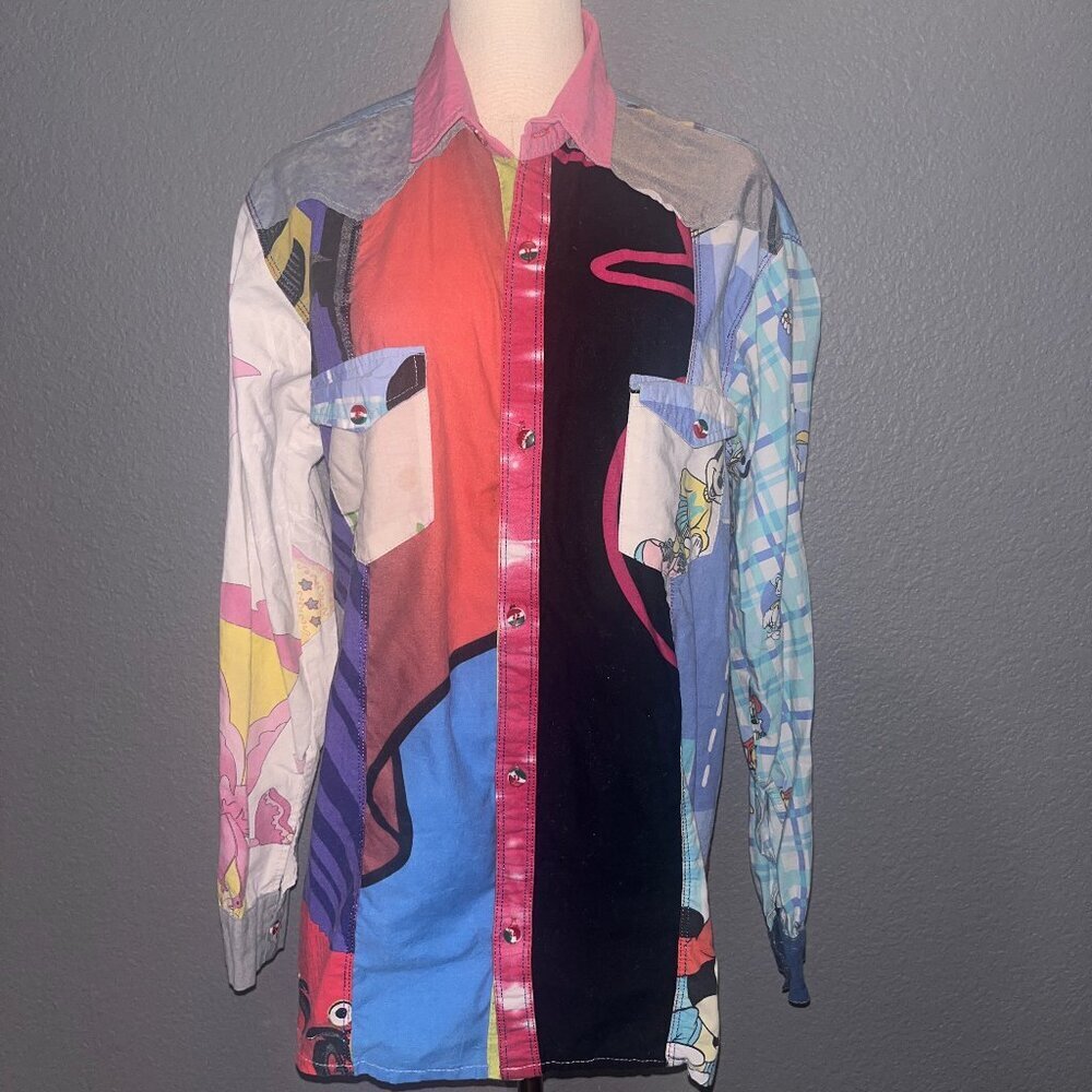 JAPANESE VINTAGE DISNEY MICKEY MINNIE MOUSE BUTTON UP HAND MADE WESTERN SHIRT M